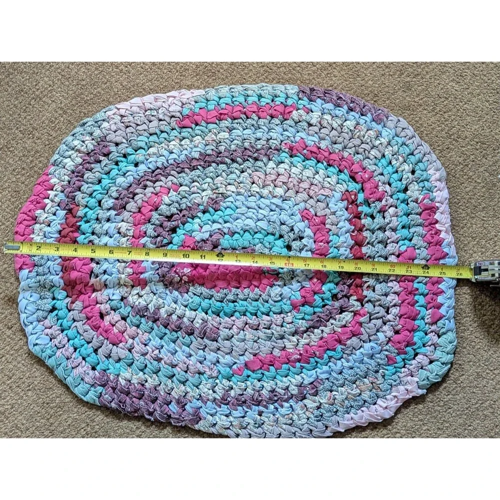Vintage Oval Handmade Rag Rug Cotton Fabric Turquoise Pink Wine Colors 26